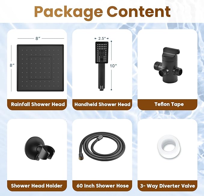 BRIGHT SHOWERS Rain Shower Head with Handheld Spray, High Pressure Square Showerhead Combo with Rainfall & Handheld, Detachable Dual Shower with Anti-Clog Nozzles, 60" Hose, Matte Black