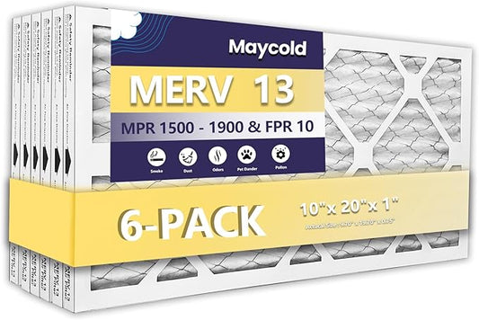 Maycold MERV 13 10x20x1 Air Filter (6-Pack), High-Efficiency Pleated AC & Furnace Filters, Actual Size: 9.70” x 19.70” x 0.75”, Individually Wrapped in Plastic