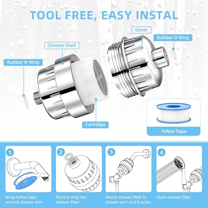 Shower Head Filter for Hard Water - 24 Stage Shower Filter Shower Water Filter with 4 Replaceable Filter Cartridges Protects Your Skin and Hair from Chlorine and Heavy Metals in Water, Chrome