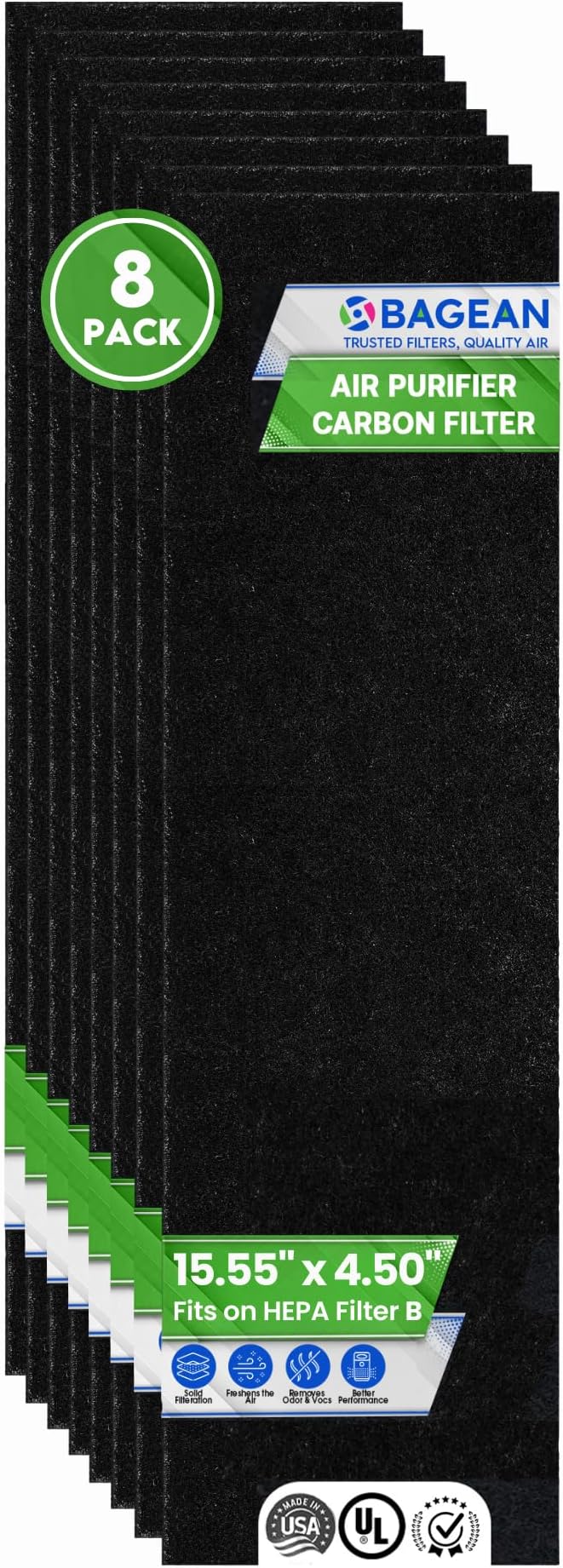 Bagean Activated Carbon Pre Filter Replacement for Air Purifier - Fits Gem Guardian FLT4825 Filter B - Compatible with GermGuardian AC4900 AC4825 AC4300 - Absorbs Odor and Freshens the Air (8-Pack)