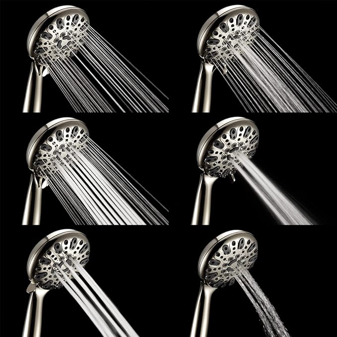 Handheld Shower Head, 6 Spray Setting High Pressure Shower Head with Brass Swivel Ball Bracket and Extra Long Stainless Steel Hose, Brushed Nickel, 5"