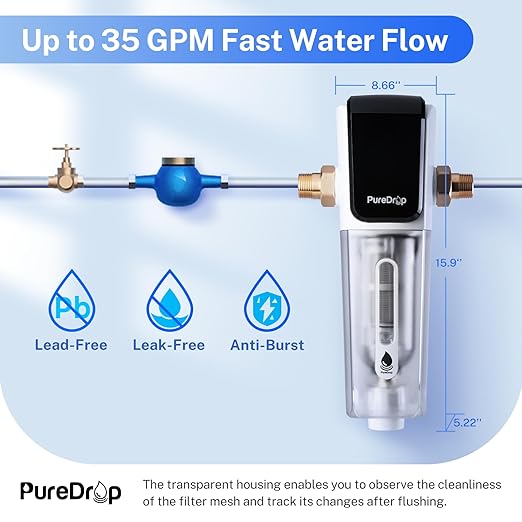 PDR-ARB50WSP Spin Down Sediment Water Filter, Auto Flushing Module with Touch-Screen, Reusable Whole House Sediment Filter for Well Water w/Scraper, 50-Micron Prefilter Filtration System