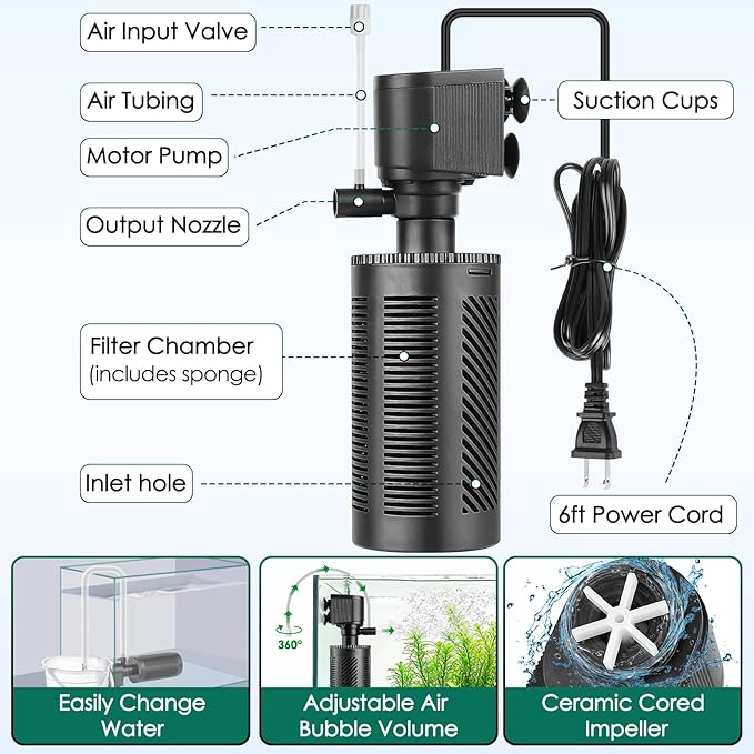 hygger 10-30 Gallon Submersible Aquarium Power Filter In-Tank Filtration with Aeration for Saltwater and Freshwater Fish Tank Internal Filters 210 GPH
