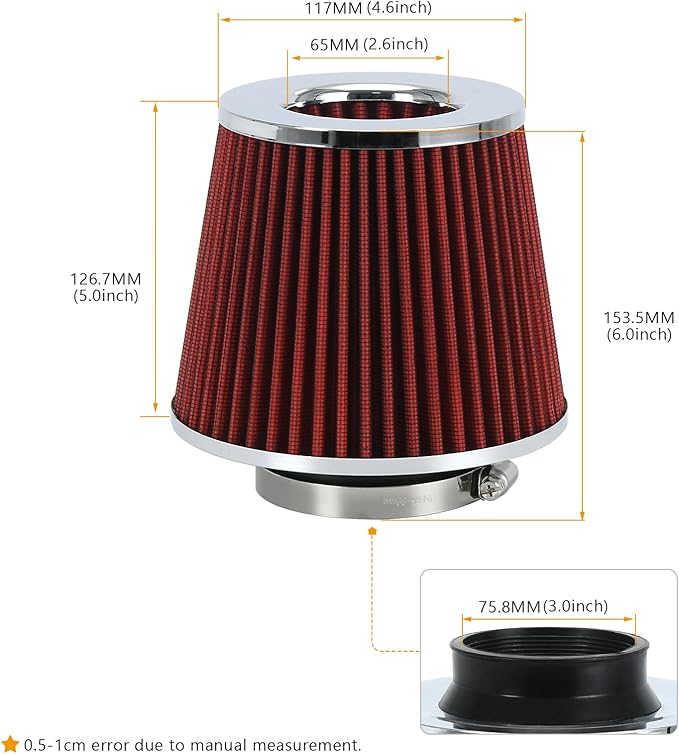 PTNHZ Universal Red 3" 76mm High Flow Cold Air Intake Cone Air Filter Power Intake Air Inlet System Air Cleaner