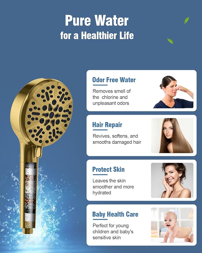 Filtered Shower Head with Handheld Gold, BOWGER 6 Modes High Pressure Shower Heads with Power Wash Mode and Hard Water Filter, Detachable Hand Held Showerhead Set with Extra Long Hose, Golden