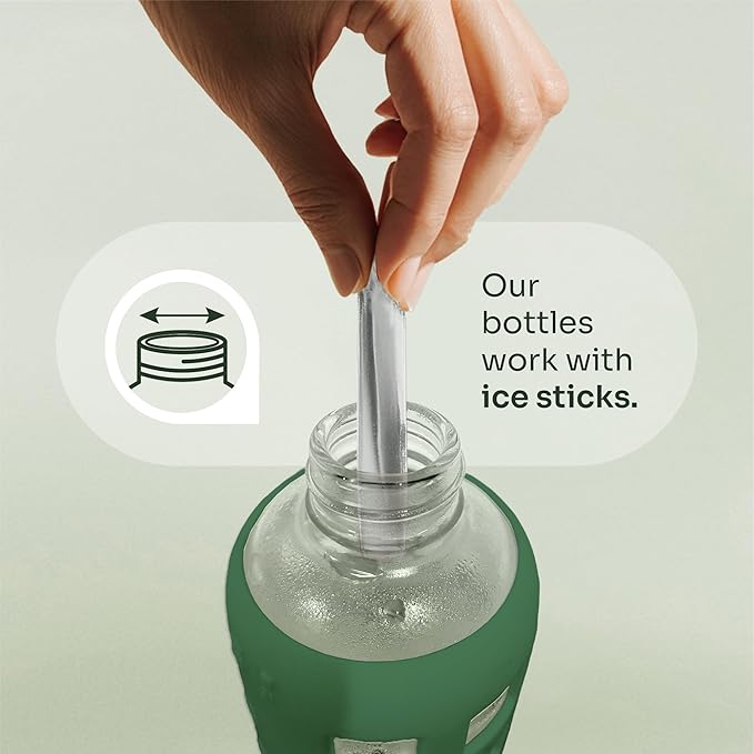 purifyou 40oz / 32oz / 22oz / 12oz Borosilicate Glass Water Bottle with Time & Volume Markers, Silicone Sleeve, Stainless Steel Lid | Reusable Glass Bottle for Water & Juice (32oz Shale Green)