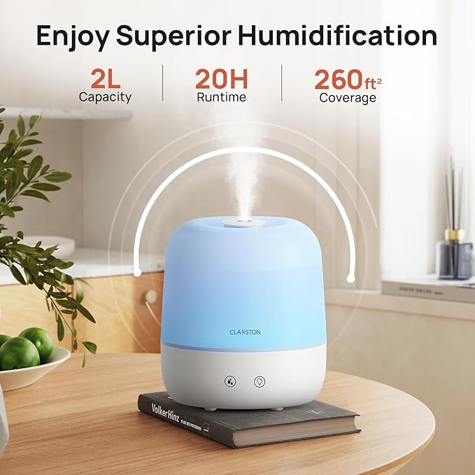 2L Cool Mist Humidifier for Bedroom with 360° Adjustable Nozzle, High and Low Mist Levels, Ultra-Low Noise, Light-Off, No BPA, Auto Shut Off, Ideal Baby Humidifier with Easy Top Filling