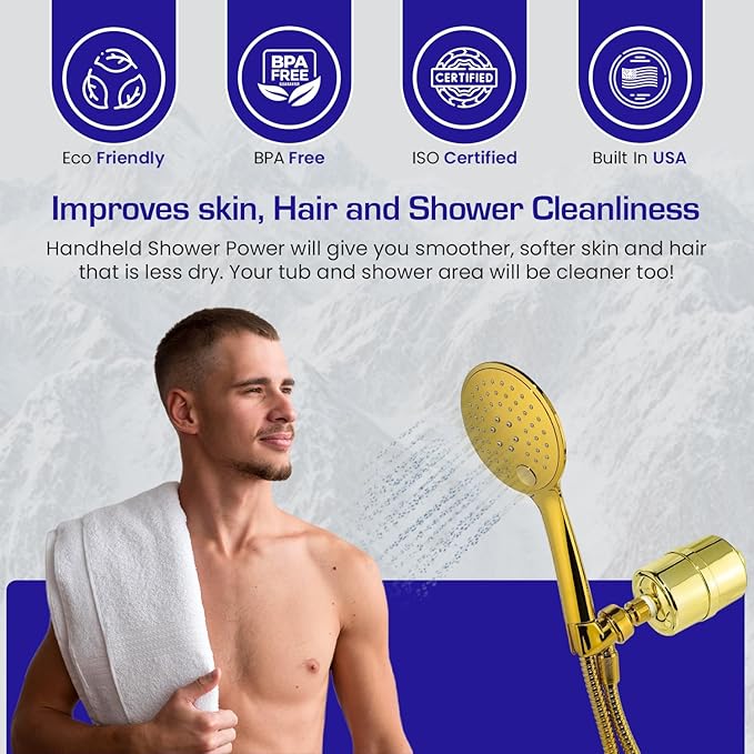Crystal Quest Luxury Handheld Shower Power Filtration System - Gold - BPA Free | 1.25-2.5 GPM | Reversible Cartridge | Great for Dechlorination