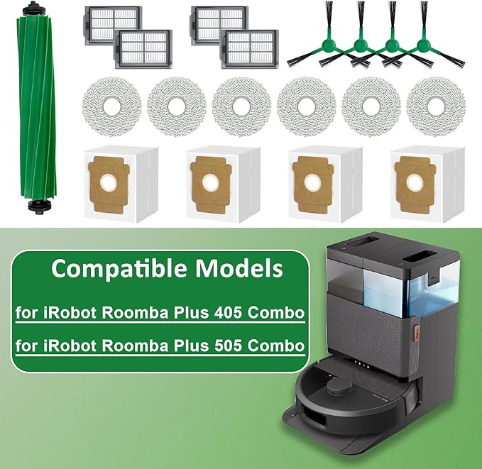 Accessories Kit for iRobot Roomba Plus 505 Combo/Plus 405 Combo, Replacement Parts Include 1 Main Brush, 4 Dust Bags, 6 Mop Pads, 4 HEPA Filter, 4 Side Brushes