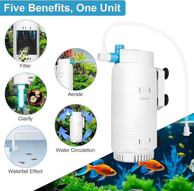 Aquarium Filter with U-V Light & Timer for 10–40 Gallon Fish Tanks, Submersible Internal Filter with Flow Control, Sponge Filtration & Aeration, Quiet Power Pump for Freshwater Saltwater Tanks