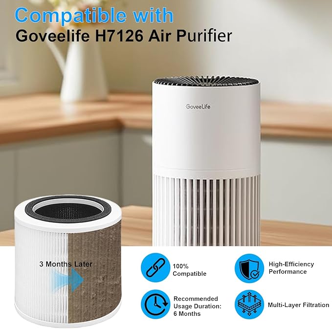 2 Pack H7126 Replacement Filters for Govee Air Purifier, 3-in-1 True HEPA Filter Compatible with GoveeLife H7126 Mini Air Purifier, Part #H7126-RF