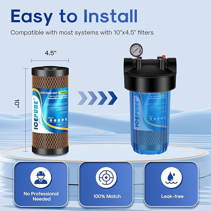 ICEPURE 5 Micron 4.5" x 10" CTO10BB-KDF Whole House Water Filter Coconut Shell Activated Carbon and KDF Heavy Metal Removal Water Filter Replacement for Home, 3PACK