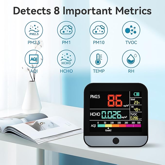 13 in 1 Air Quality Tester for Home, Indoor Air Quality Monitor, with PM1/PM2.5/PM10/Particle Counter/AQI/Humidity/TVOC/Temperature/Formaldehyde, Portable Air Quality Sensor (Black)