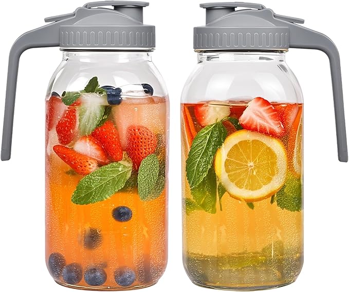 2 Pack 64oz Glass Mason Jar Pitcher with Airtight Lid and Handle – Wide Mouth, Leak-Proof, Ideal for Sun Tea, Cold Brew, Lemonade, Iced Coffee, Milk, and Water (Gray)