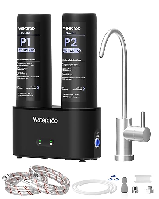 Waterdrop DLG-P Under Sink Water Filter System, 2-Outlet Filter, Reduces PFOA/PFOS Chlorine Chloramine Fluoride Odor, Under Sink Water Filtration System with Dedicated Faucet, Life Indicator