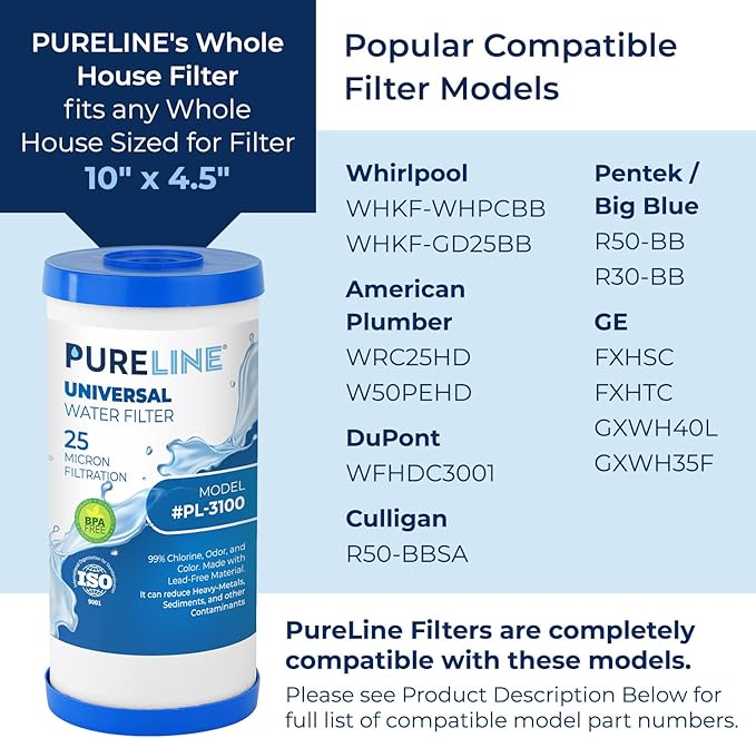 Pureline FXHTC 25 Micron 10" x 4.5" Replacement for GE FXHTC, GXWH40L, Culligan RFC-BBSA, W50PEHD, GXWH40L, GXWH35F, GNWH38S, DuPont WFHD13001, Pentair Pentek R50-BB, NSF 372 and NSF 42 (2 Pack)