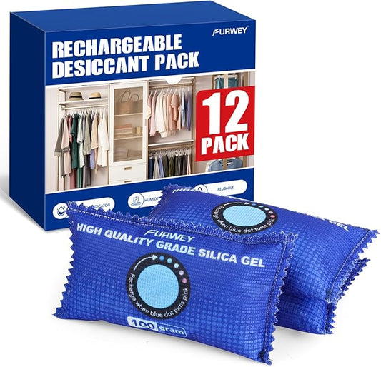 12 Pack Rechargeable Desiccant Packs, 100g Each, Blue, Color Indicating Silica Gel Dehumidifier Bags for Storage, Closets, Cars, Bins