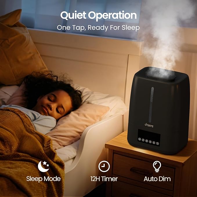 6L Top Fill Ultrasonic Humidifier - Cool and Warm Mist for Bedroom, Baby, Large Rooms & Plants, Smart Humidity Control, Aroma Diffuser, Night Light, 12H Timer, Quiet, Black