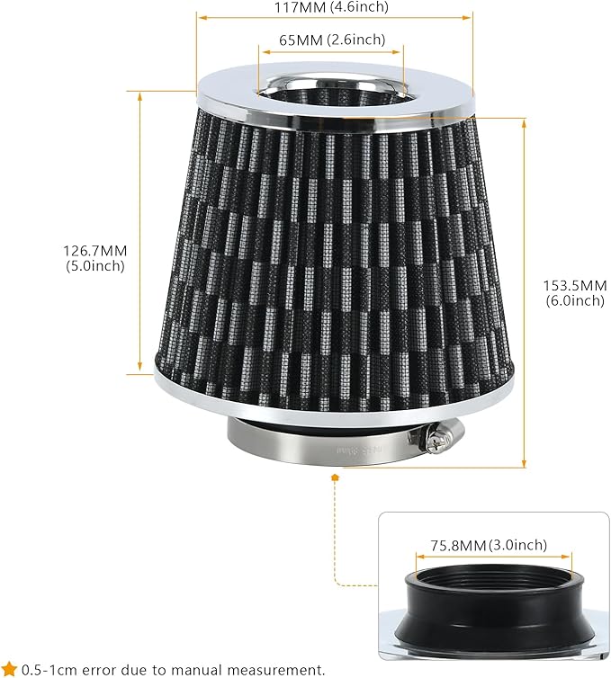 PTNHZ Universal Carbon Fiber 3" 76mm High Flow Cold Air Intake Cone Air Filter Power Intake Air Inlet System Air Cleaner