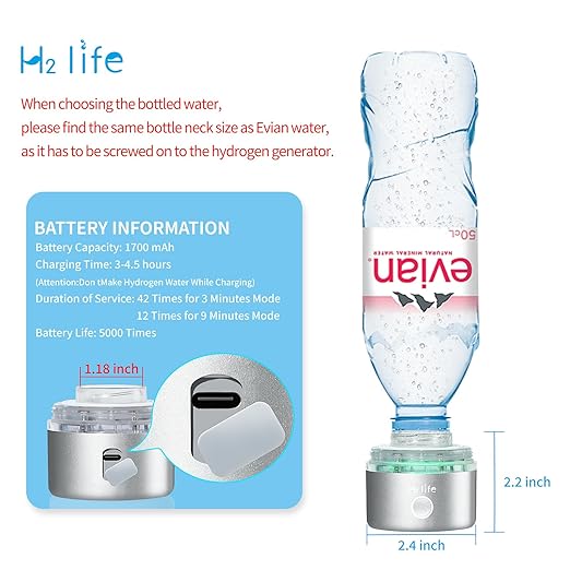Portable Hydrogen Water Bottle Generator 3200PPB Rechargeable with PEM SPE Technology for Home Travel Sport Drinking Improve Health (Silver)