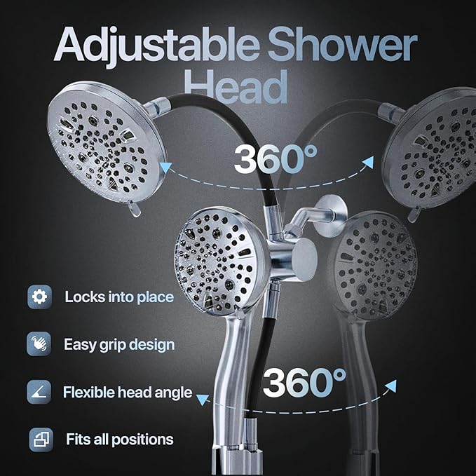 AQUAZEN® Dual Shower Head Combo | Adjustable Rainfall + Handheld Shower | 6 Spray Modes Each | Flexible Mount & Swivel Heads | 5ft Stainless Steel Hose | Premium Nickel Finish | Fits All US Showers