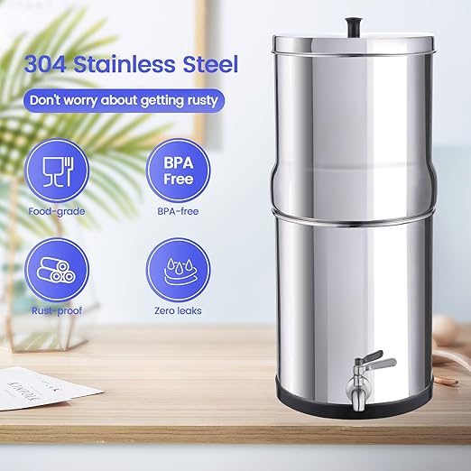 Amwater NSF/ANSI 42&372 Certification 3G Stainless Steel Gravity-Fed Water Filter System, Reduces Lead and up to 99% of Chlorine,with 4 Black Purification Filter, Metal Spigot and 6inch Stand
