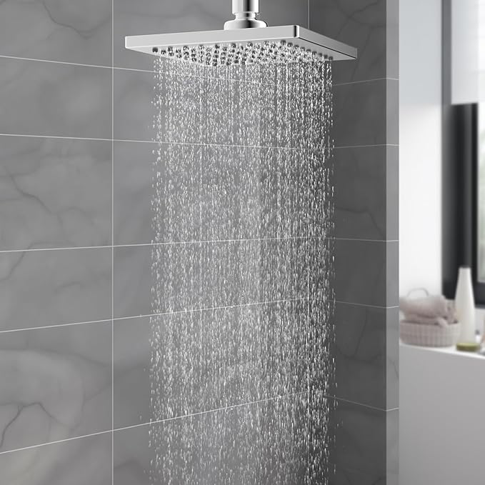 Hibbent Thickness Metal Rain Shower Head, 6 Inch High Pressure Rainfall Shower Head, Square Bathroom Waterfall Shower Heads, High Flow Fixed Showerheads with Adjustable Brass Ball Joint, Chrome