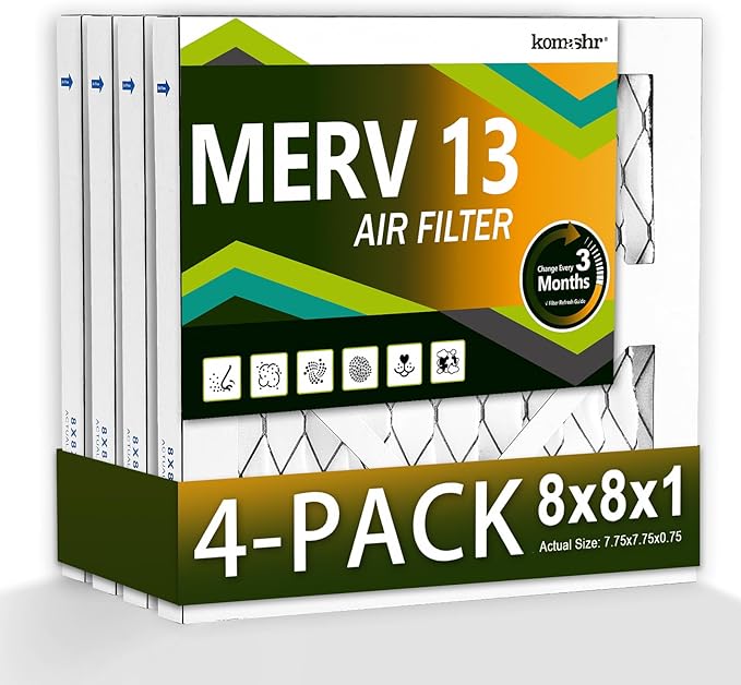 8x8x1 Air Filter MERV 13 (4-Pack), HVAC/Furnace AC Filter Replacement, Dust Defense–Comparable with MPR 1500-1900 & FPR 10 (Actual 7.75x7.75x0.75)
