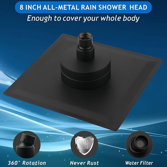 Voolan Rain Shower Head with Filtered - High Flow Large Rainfall Shower Heads Made of Stainless Steel - Waterfall Showerhead Filter For Hard Water(8" Matte Black)