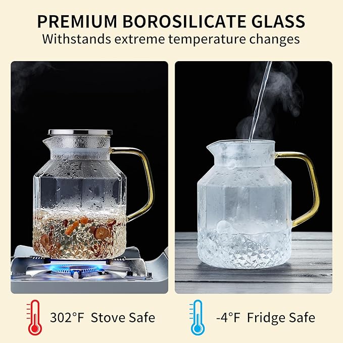 1600ml Glass Water Pitcher with Lid and Spout, Glass Water Jug Carafe for Hot/Cold, Full Glass Teapot, Large Iced Tea Pitcher for Homemade Beverage