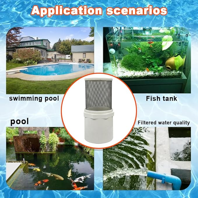 1 inch stainless steel filter cover connected to 1 inch/DN25 PVC water pipe, Suction Strainers 360 degree mesh rapid filtration used to remove debris and reduce solid entry