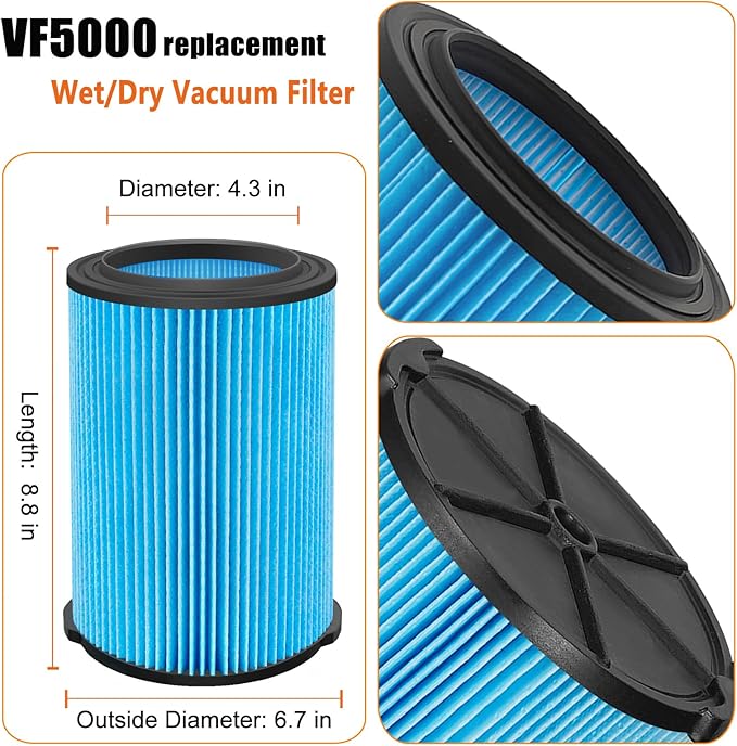 VF5000 Replacement Filter for Ridgid Shop Vacuums 5-20 Gallon, Universal Fine Dust Filter Fits Rigid Wet Dry Vac/Husky Shop Vacuum Filter 6-9 Gallon with Foam Sleeves- 2 Pack