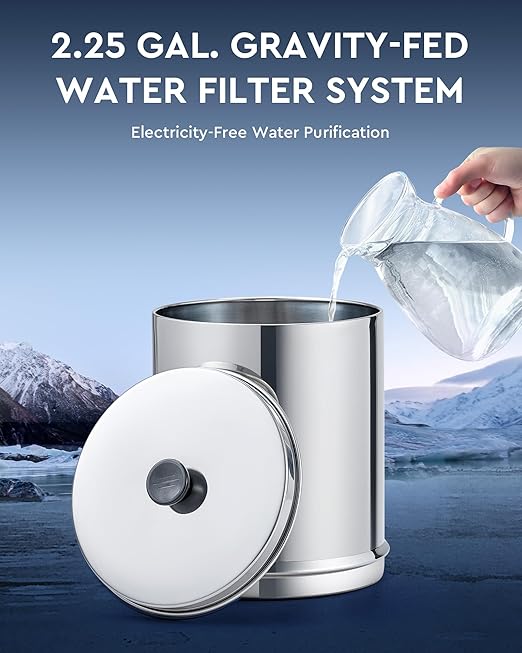 2.25 Gal Gravity Fed Water Filter System - Countertop Stainless Steel Countertop Water Filtration System, Gravity Water Purifier with 2 Carbon Filters NSF/ANSI 42 Certification