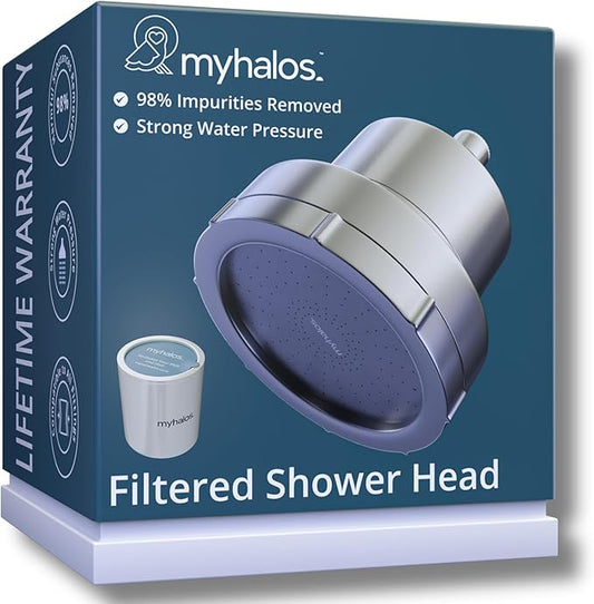MyHalos® Filtered Shower Head for Hard Water Filter - High Pressure, Removes Chlorine - Shower Head Filter for Hard Water Softener Showerhead, Easy Install, For Hair & Skin, Filtering (Brushed Metal)