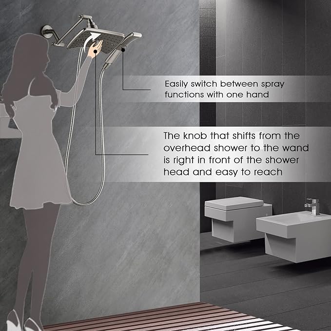 BRIGHT SHOWERS High Pressure Shower Head Combo with Two Spray Setting Fixed Shower Head and Two Spray Settings Handheld Shower Head with Grey Face, Brushed Nickel