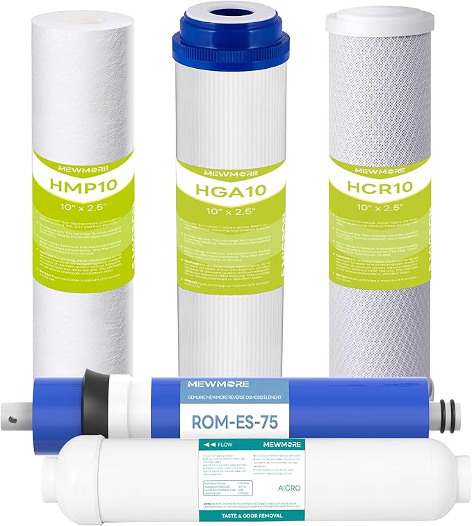 5-stage 75G GPD Reverse Osmosis System Replacement Filter Set 1-Year, Under Sink RO Water Filter System Kit Compatible with Most 10" Water Filtration System, 1/4" Output.
