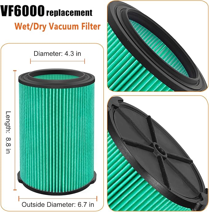 VF6000 Replacement Filter for Ridgid Shop Vacuums 5-20 Gallon, Universal VF6000 Filter Fits Rigid Wet Dry Vac/Husky Shop Vacuum Filter 6-9 Gallon with Foam Sleeves- 2 Pack