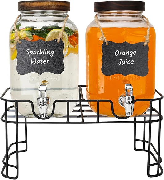 1 Gallon Glass Drink Dispensers with Wood Lid, 2 Pack Clear Beverage Dispenser with Stand and Spigot for Parties, Lemonade Dispenser with Markers and Chalkboard for BBQ, Picnic