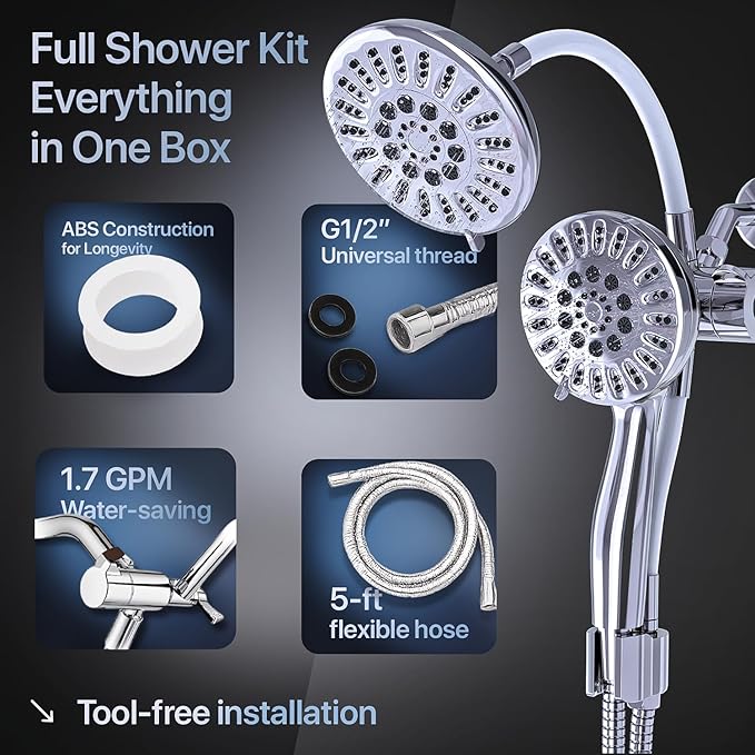 AQUAZEN® Dual Shower Head Combo | Adjustable Rainfall + Handheld Shower | 6 Spray Modes Each | Flexible Mount & Swivel Heads | 5ft Stainless Steel Hose | Premium Chrome Finish | Fits All US Showers