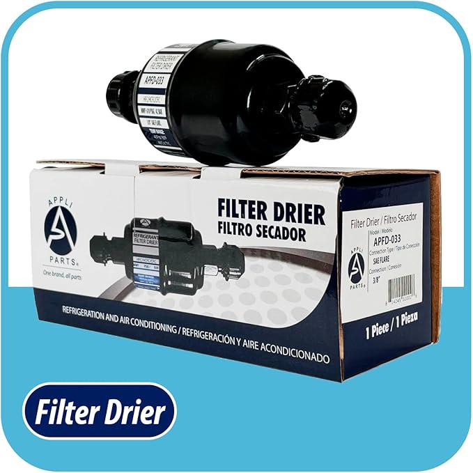 Appli Parts APFD-033 3/8 in Liquid Line Refrigerant AC Filter Drier hvac Refrigeration 033 SAE Flare connection universal unidirectional 4-1/2 in long 1-3/4 in wide