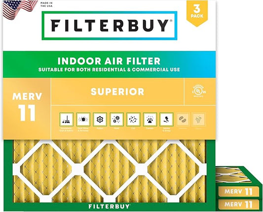 Filterbuy 11.25x11.25x1 Air Filter MERV 11 (MPR 1200) Allergen Defense Replacement (3-Pack), Electrostatic Pleated HVAC AC Furnace Filters, Made in USA (Actual Size: 11.25 x 11.25 x 0.75)