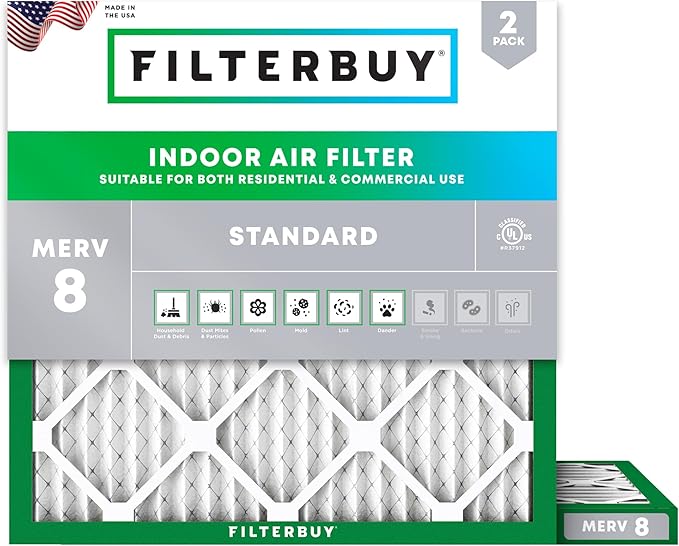 Filterbuy 17x17x1 Air Filter MERV 8 (MPR 700) Dust Defense Replacement (2-Pack), Electrostatic Pleated HVAC AC Furnace Filters, Made in USA (Actual Size: 17.00 x 17.00 x 0.75)