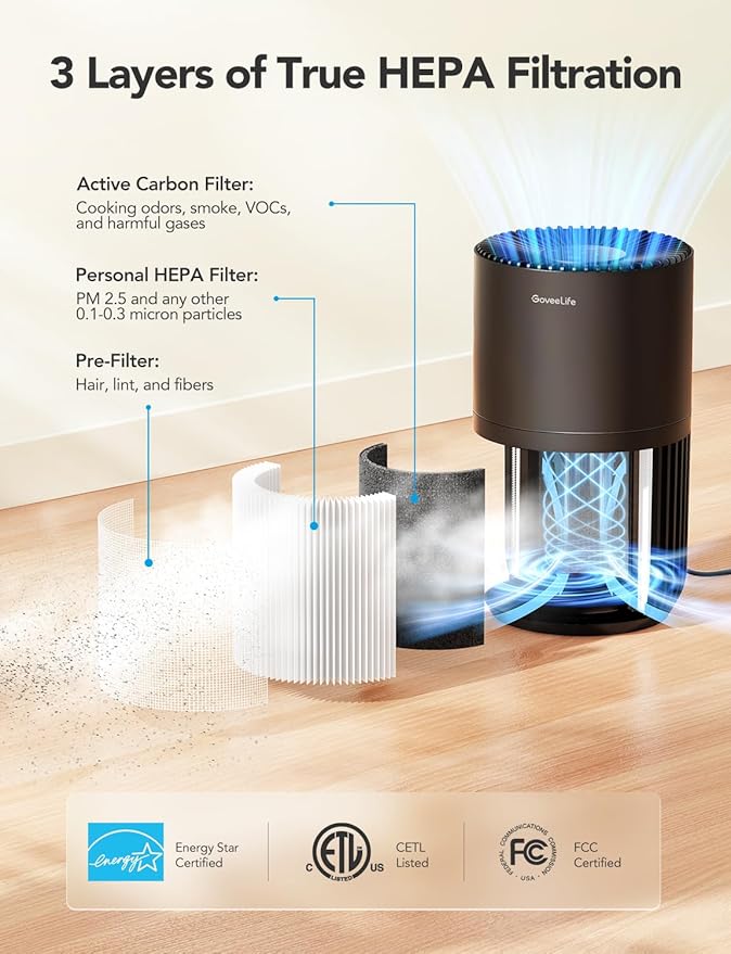 GoveeLife Mini Air Purifier for Bedroom, Smart Filter Air Purifier with App Alexa Control for Pet Hair, Odors, Pollen, Smoke, Portable Air Cleaner with 3 Speeds, 2 Modes, Timer, Aroma for Home