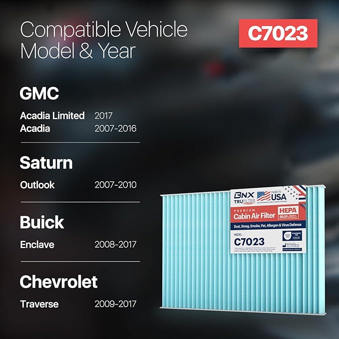 BNX TruFilter C7023 Cabin Air Filter, HEPA 99.97%, Compatible With GMC Acadia, Acadia Limited, Chevrolet Traverse; Saturn Outlook; Buick Enclave