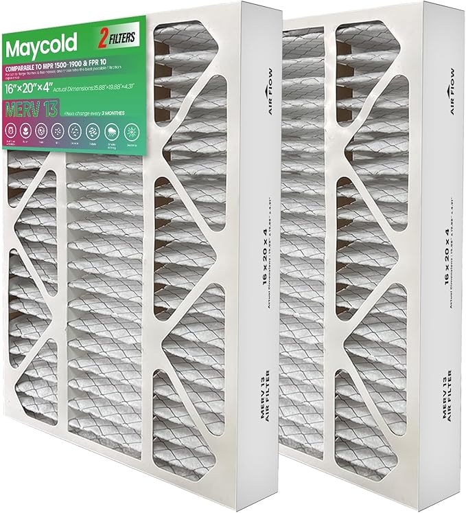 Maycold MERV 13 16x20x4 Air Filter (2-Pack), High-Efficiency Pleated AC & Furnace Filters, Actual Size: 15.88” x 19.88” x 4.31”, Individually Wrapped in Plastic