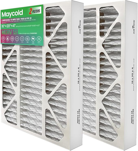 Maycold MERV 13 16x20x4 Air Filter (2-Pack), High-Efficiency Pleated AC & Furnace Filters, Actual Size: 15.88” x 19.88” x 4.31”, Individually Wrapped in Plastic