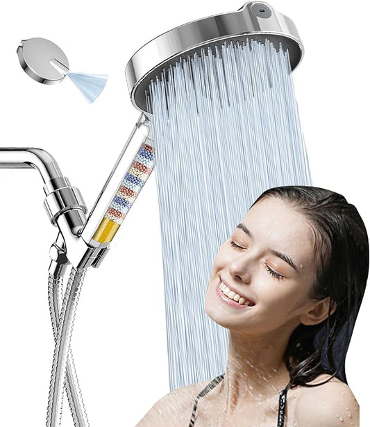 6“ Filtered Shower Head with Handheld, 6-Spray High Pressure Shower Head with Filter for Hard Water, Detachable Handheld Showerhead with Hose and Shower Arm Bracket, Chrome-Black