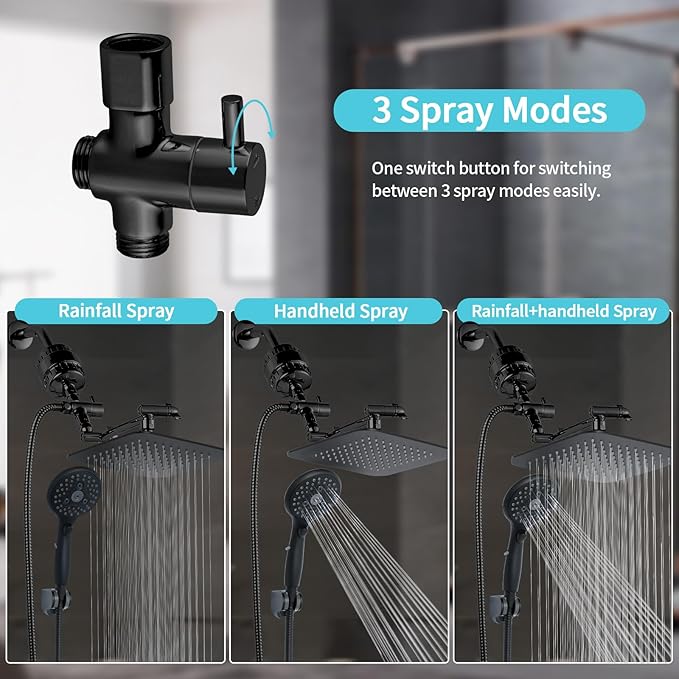 10'' Dual 20 Stage Filtered Shower Head with Handheld, 6 Spray Settings Handheld Shower Head High Pressure Rainfall Filter Combo with 12'' Adjustable Extension Arm, 71'' Shower Hose (Matte Black)