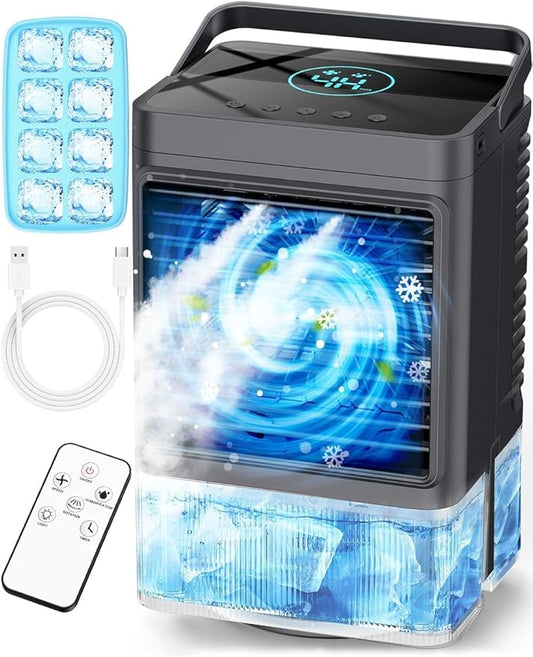 Small Air Conditioner w/ 3 Speeds&3 Modes, Remote, 1100ML Tank Humidifier, 8-Cube Ice Tray, 120° Oscillating, 4 IN 1 Portable Air Conditioners, 7-Color Light, 4H Timer Desk AC Unit for Bedroom