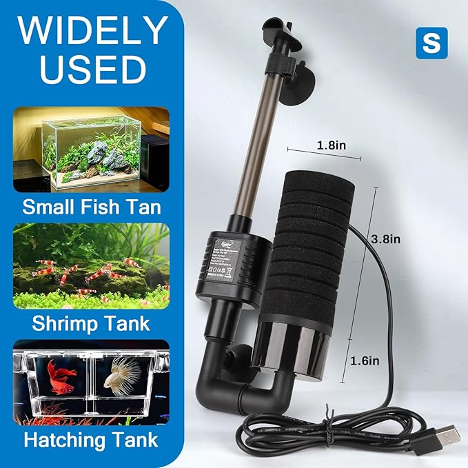 hygger USB Single Sponge Filter, Small Aquarium Filter with Adjustable Hanging Clip and Suction Cup, Duckbill Outlet, Rain Pipe Outlet, Extra Spare Sponge